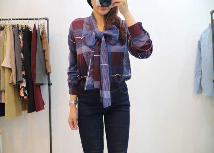 Women Blouses Check Ribbon Blouse Shop Tie Office 
