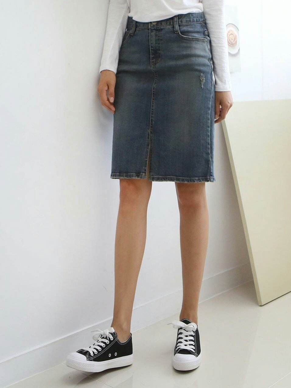 Denim Skirt Midi Front Chime