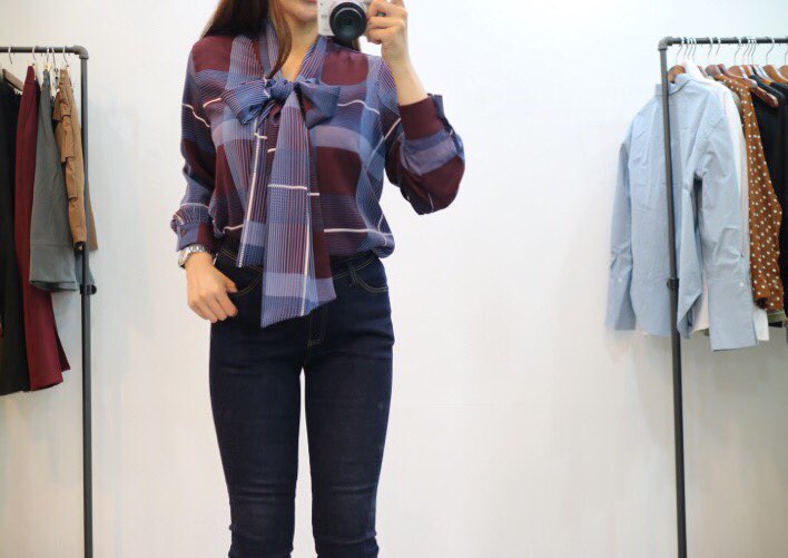 Women Blouses Check Ribbon Blouse Shop Tie Office 