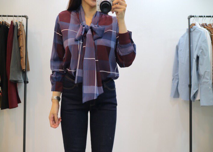 Women Blouses Check Ribbon Blouse Shop Tie Office 