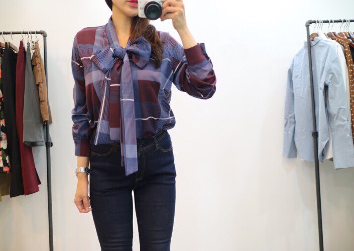 Women Blouses Check Ribbon Blouse Shop Tie Office 