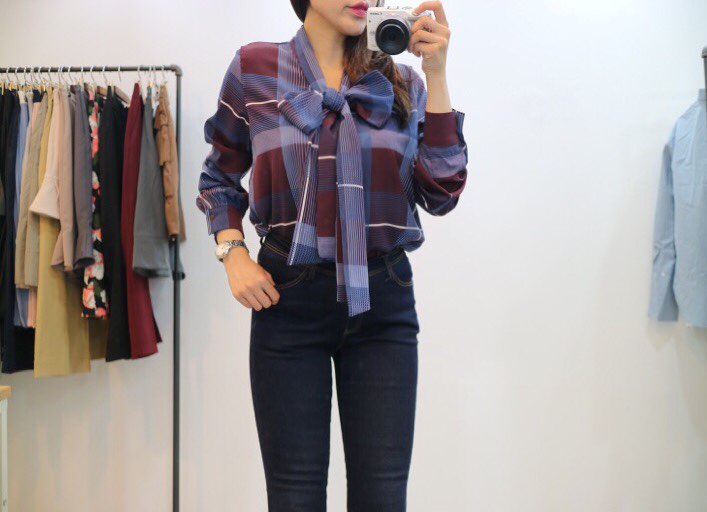 Women Blouses Check Ribbon Blouse Shop Tie Office 