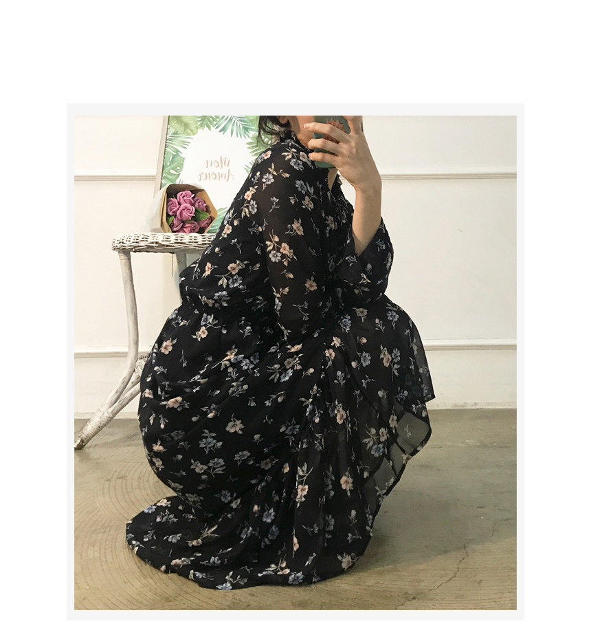 Autumn Leaves Pitt Flower Chiffon Long Dress Mouto