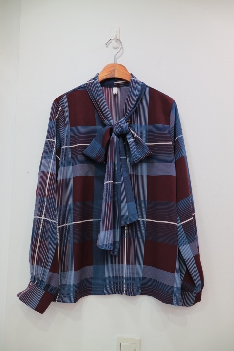 Women Blouses Check Ribbon Blouse Shop Tie Office 