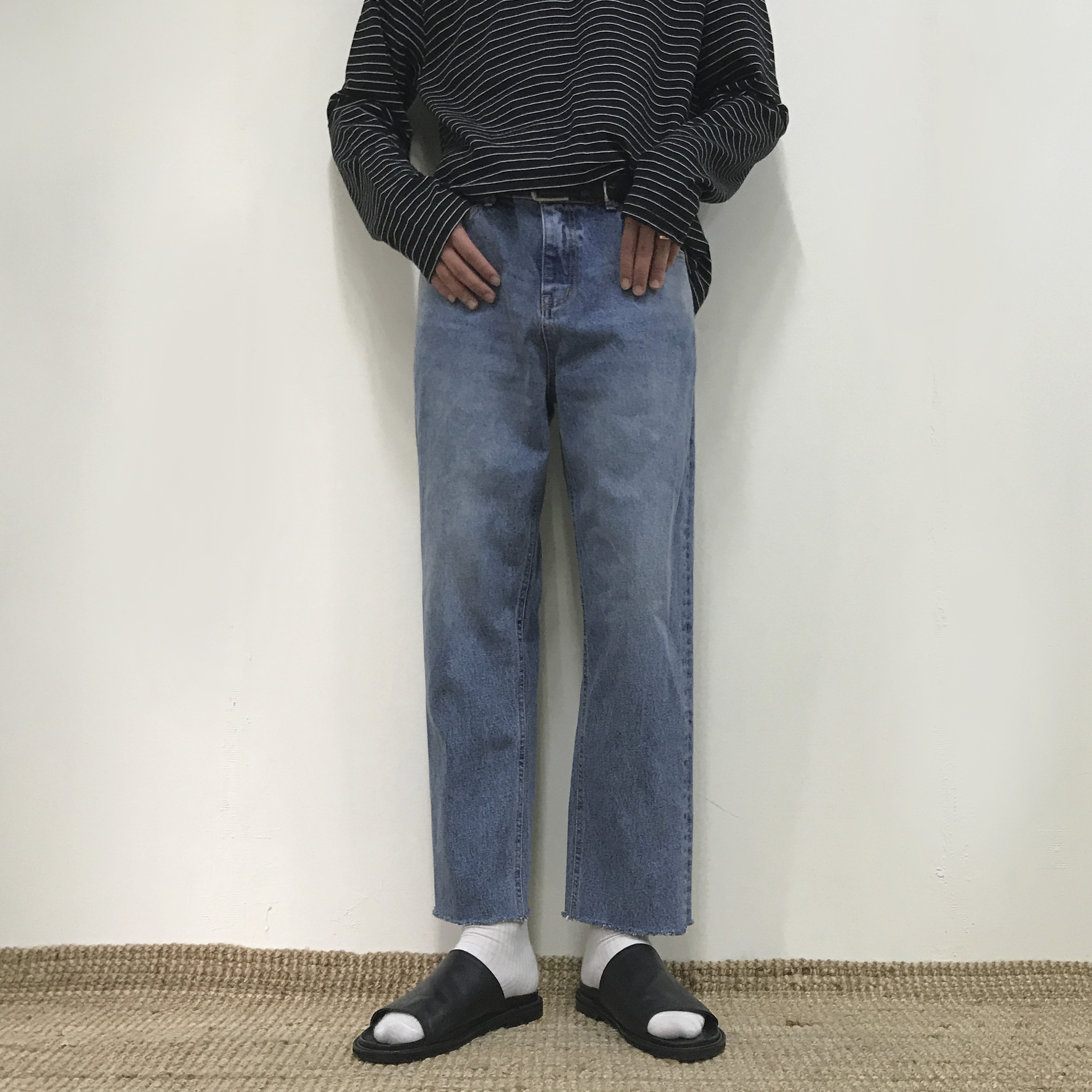 Korea Jeans Pants Crop Cutting Wide Jeans Men's