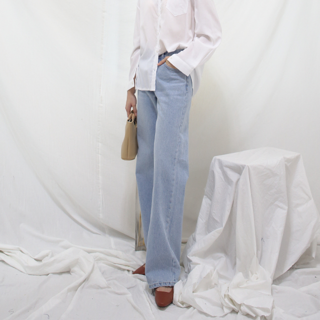 Women Jeans Pants Roll Up Wide Jeans Denim Pants H