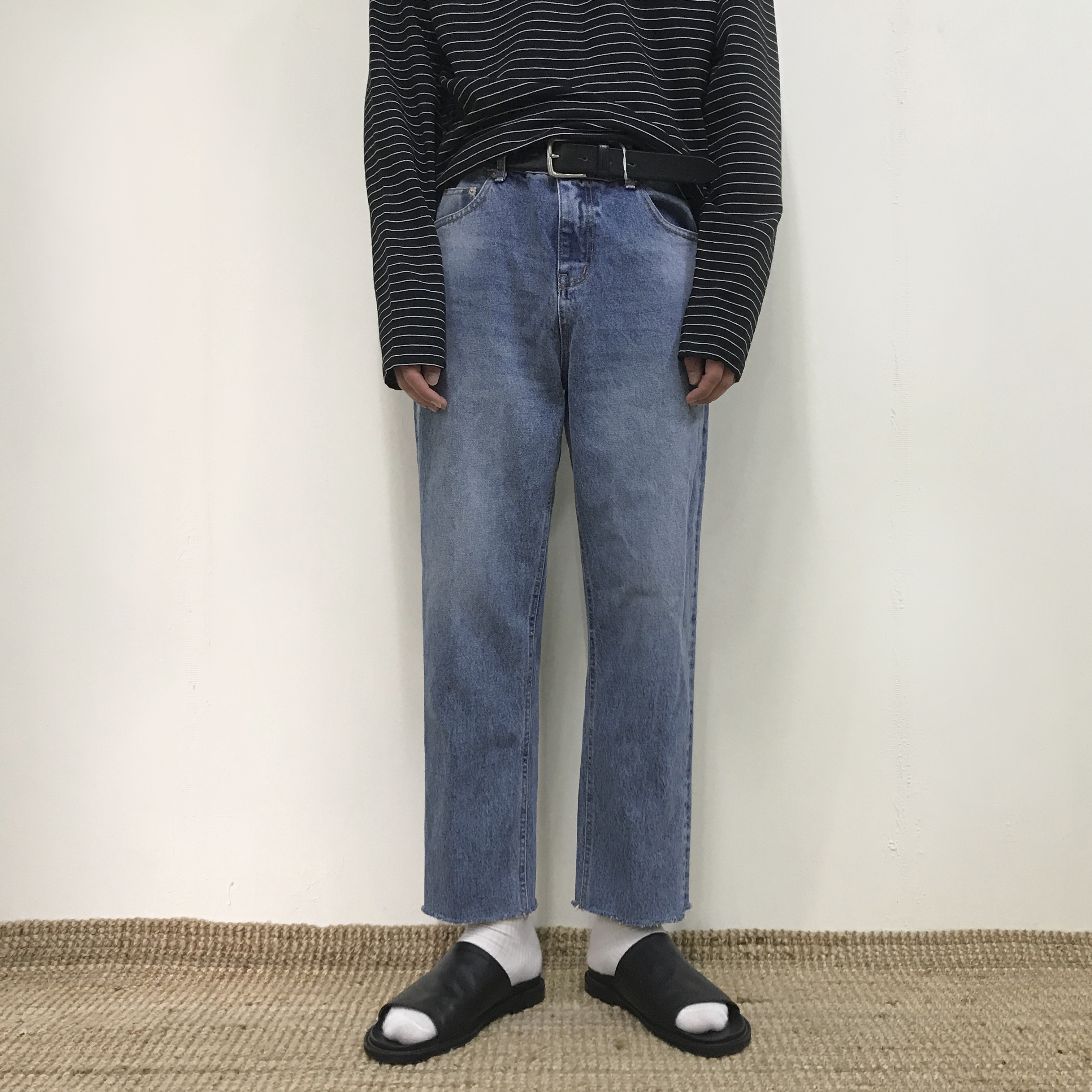 Korea Jeans Pants Crop Cutting Wide Jeans Men's