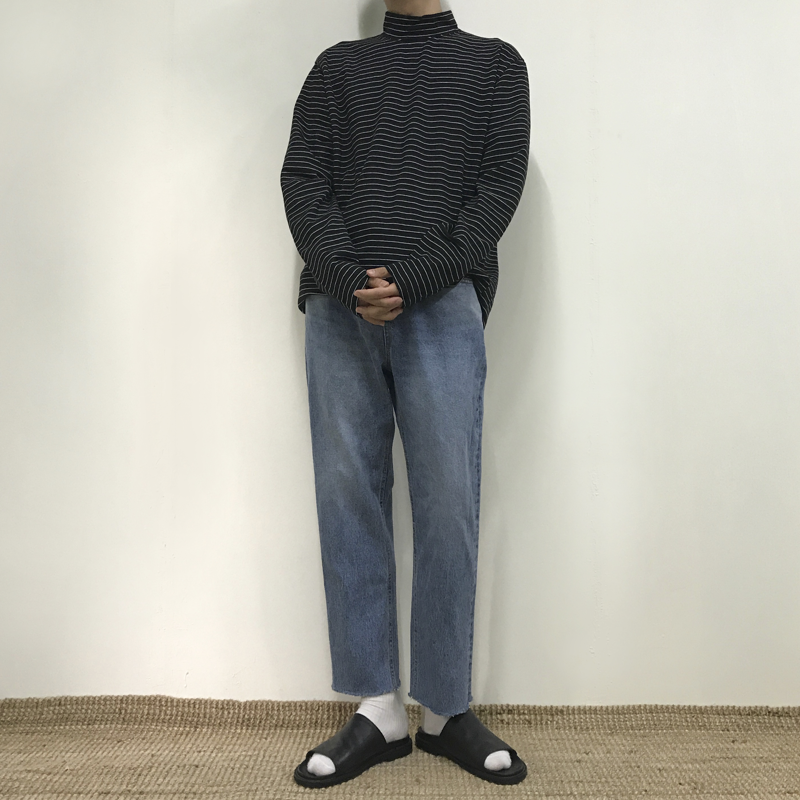 Korea Jeans Pants Crop Cutting Wide Jeans Men's