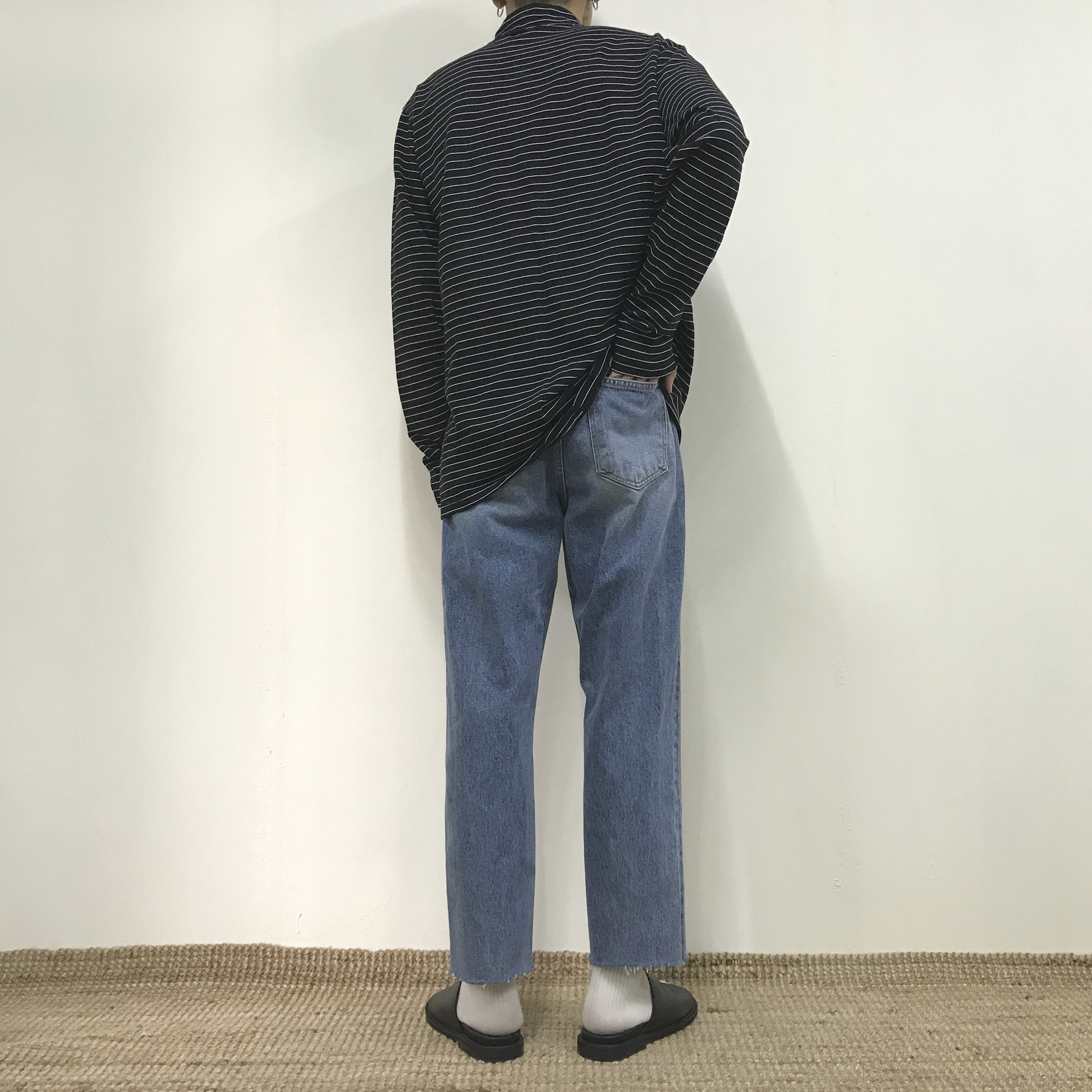 Korea Jeans Pants Crop Cutting Wide Jeans Men's