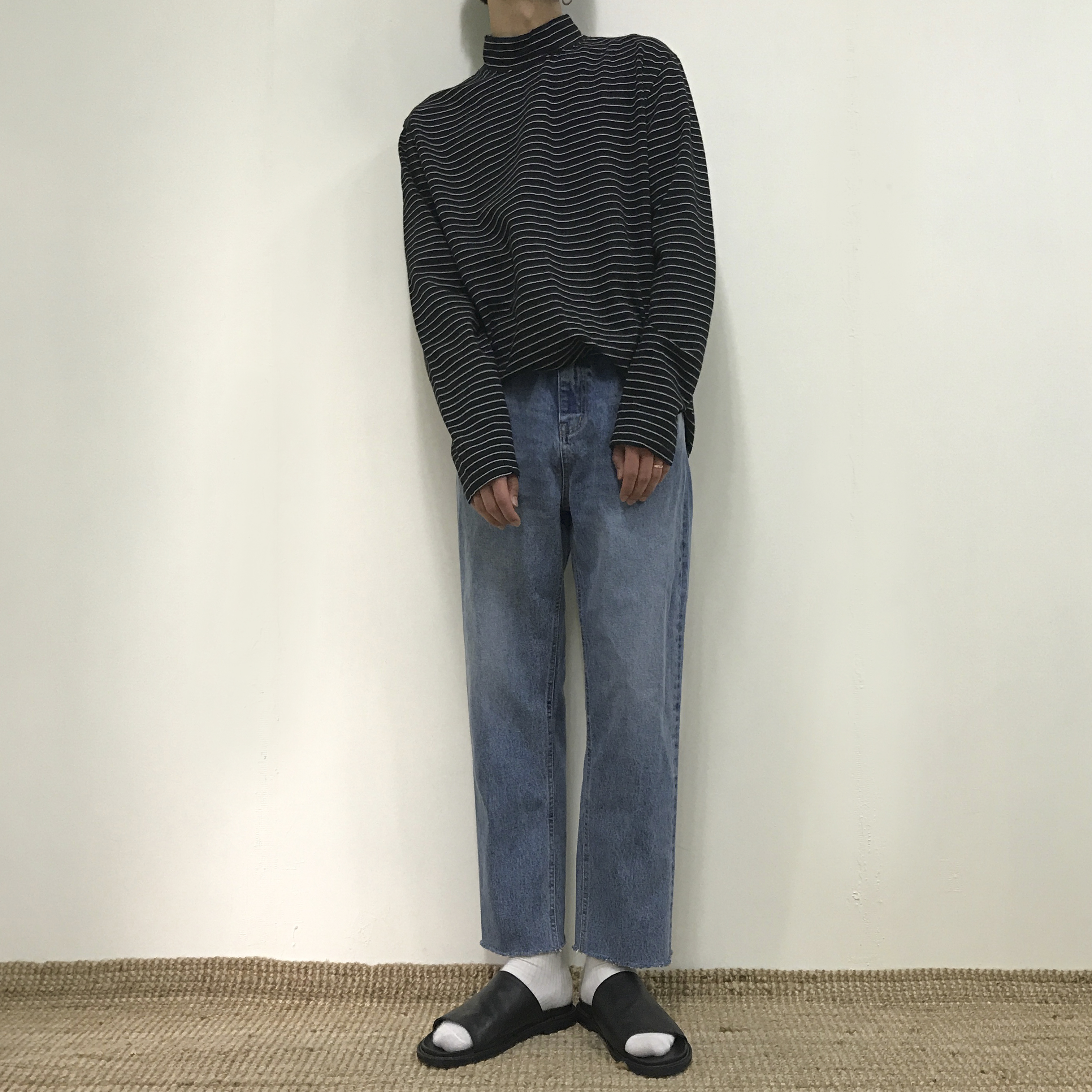 Korea Jeans Pants Crop Cutting Wide Jeans Men's