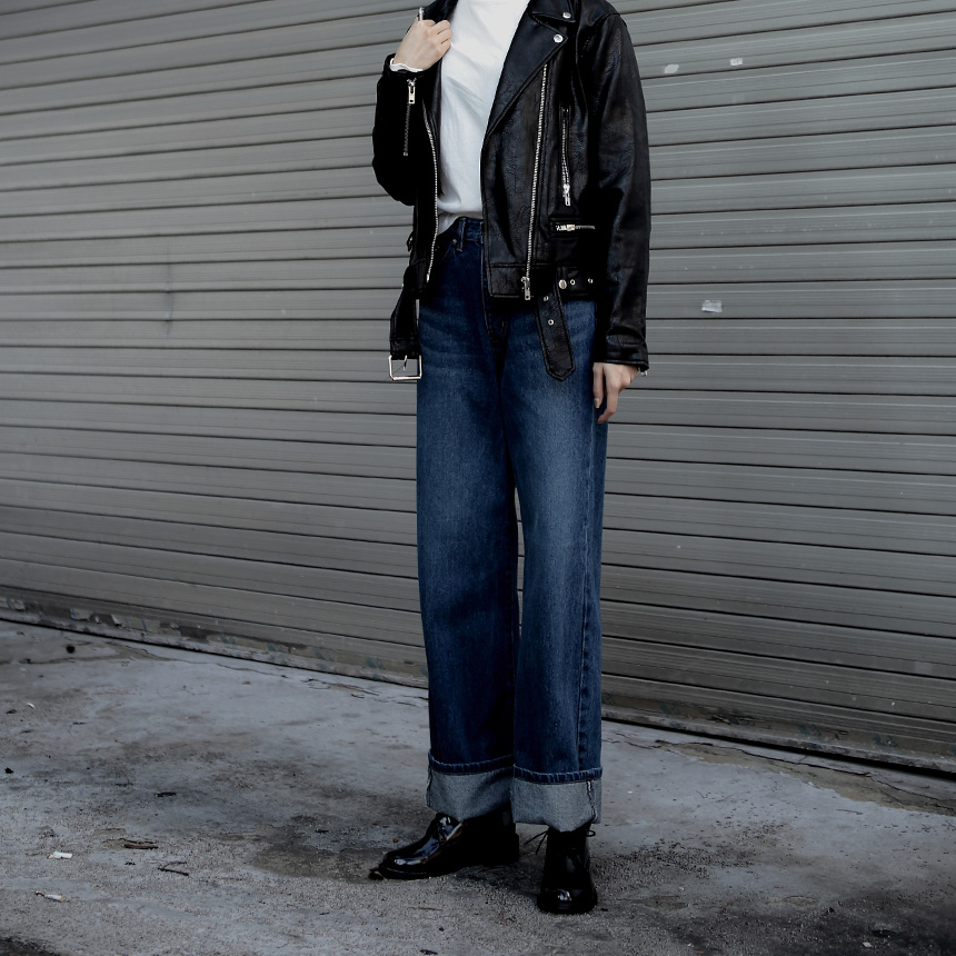 Women Jeans Pants Roll Up Wide Jeans Denim Pants H