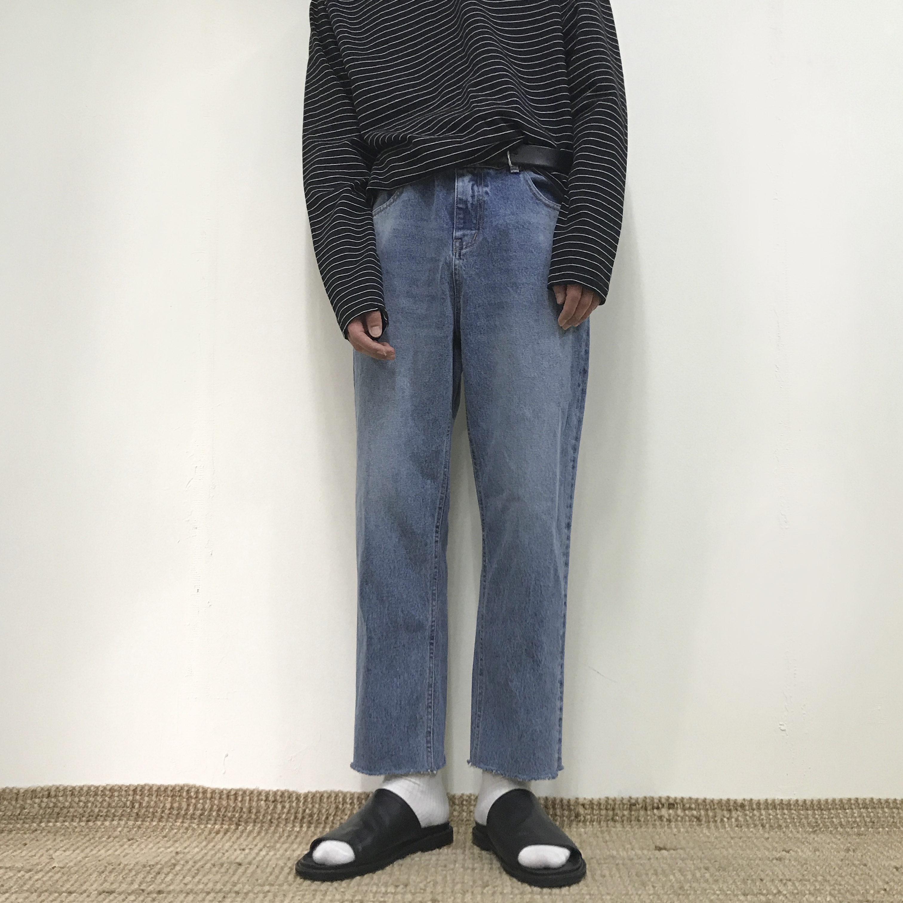 Korea Jeans Pants Crop Cutting Wide Jeans Men's