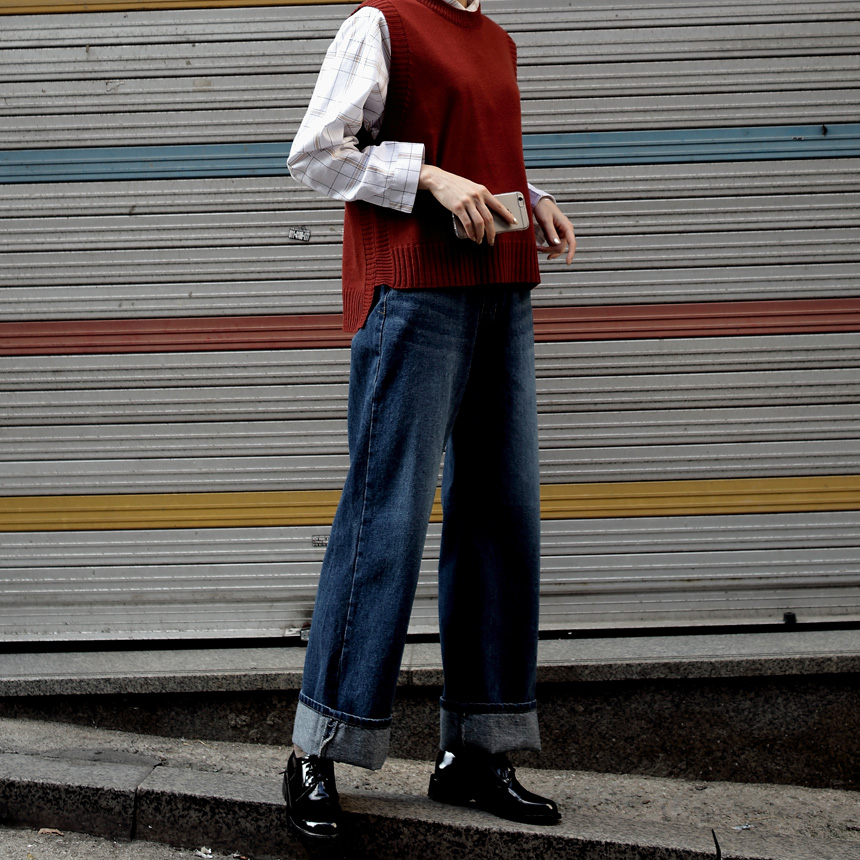 Women Jeans Pants Roll Up Wide Jeans Denim Pants H