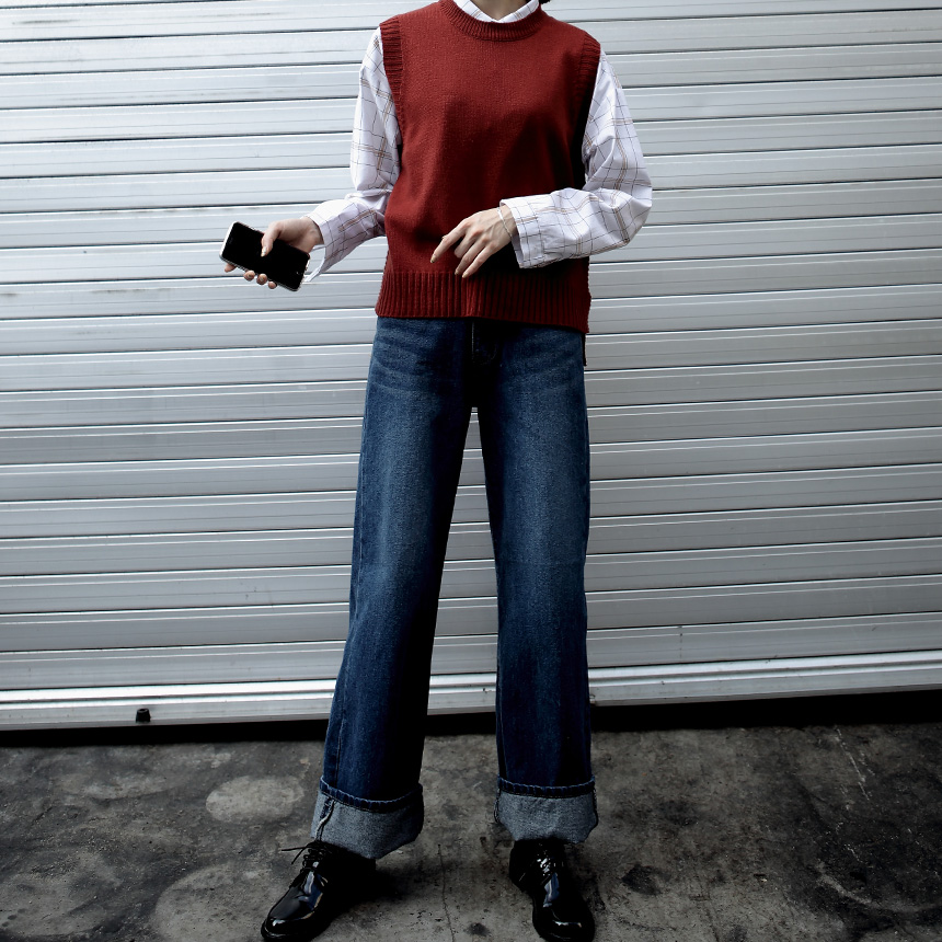 Women Jeans Pants Roll Up Wide Jeans Denim Pants H