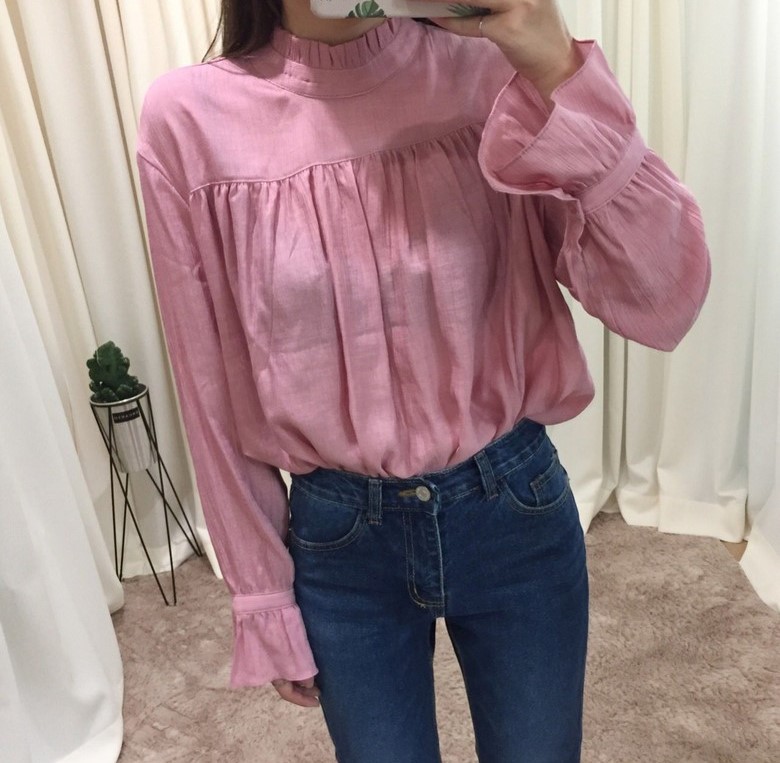 NEW FASHION LADY GIRL Blouse Pleated Neck Sleeved 