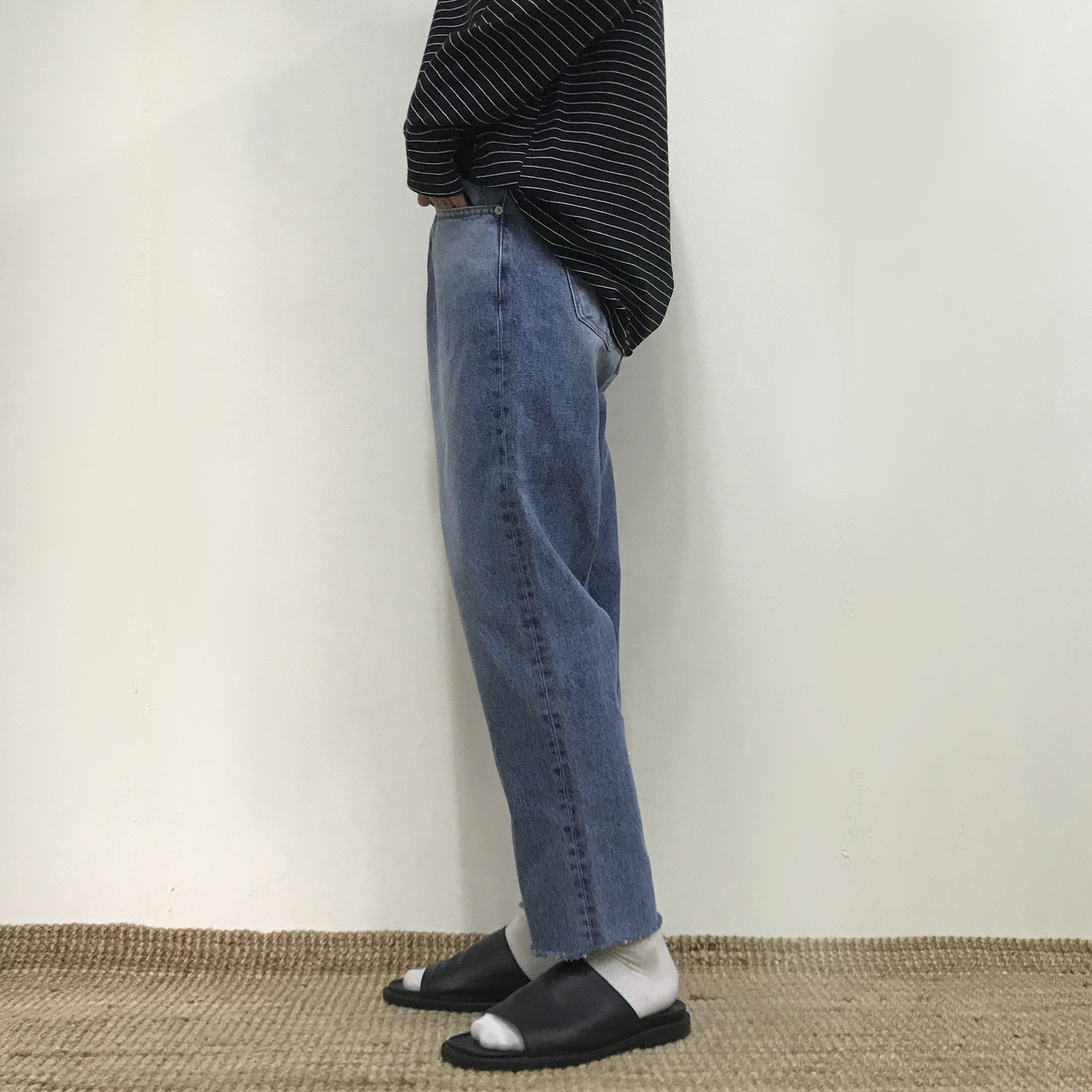 Korea Jeans Pants Crop Cutting Wide Jeans Men's