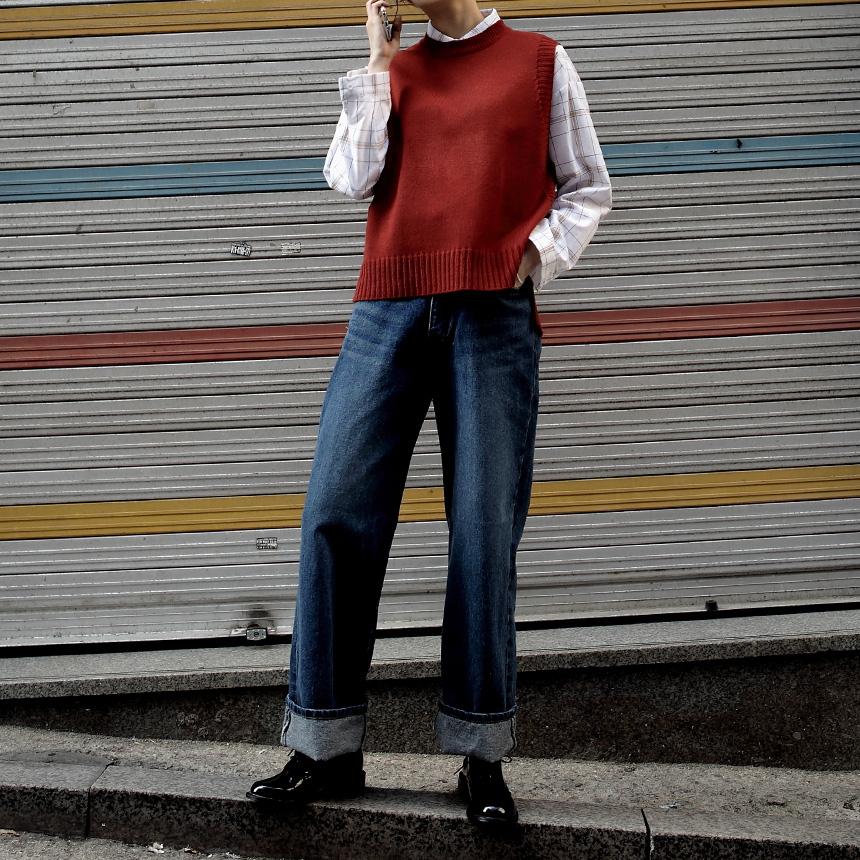 Women Jeans Pants Roll Up Wide Jeans Denim Pants H