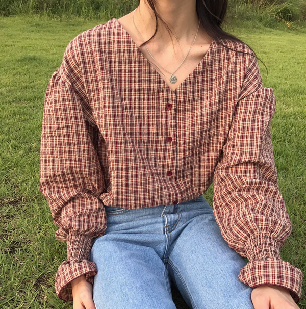 Women Blouses Wearing Delayed Autumn Red Check Blo