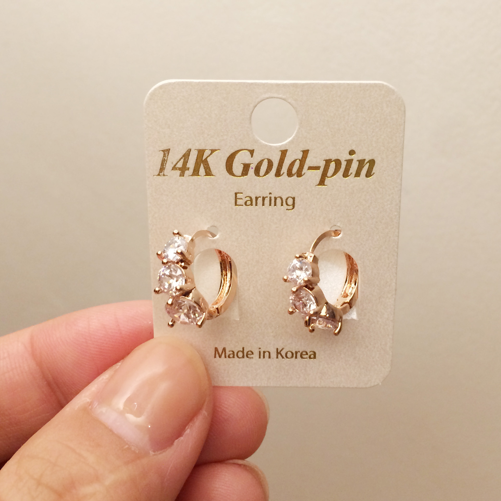 Gold pin bling 3 cubic one-touch earrings 14k 14k 
