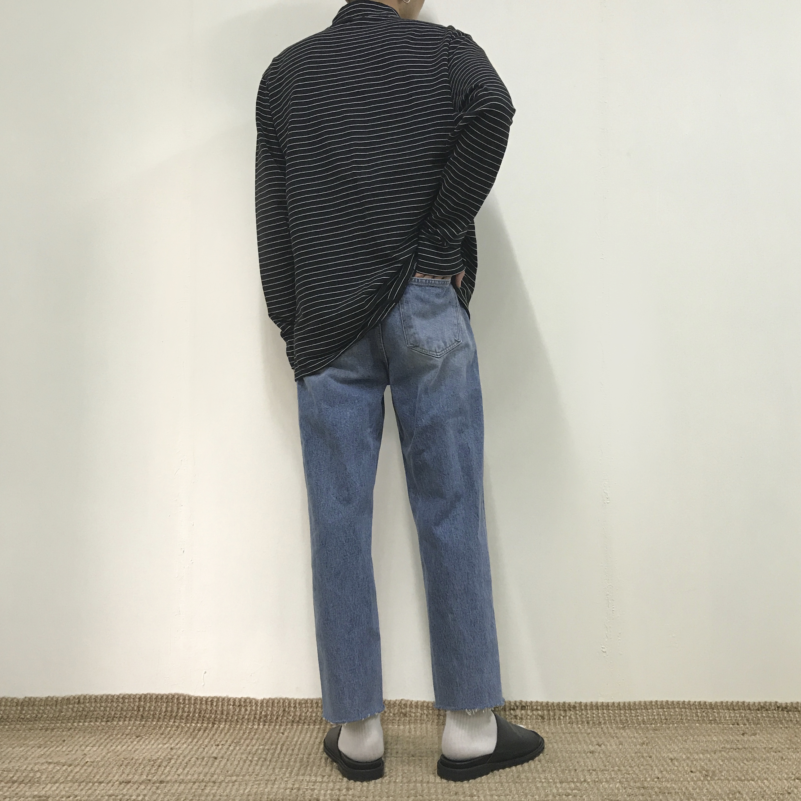 Korea Jeans Pants Crop Cutting Wide Jeans Men's