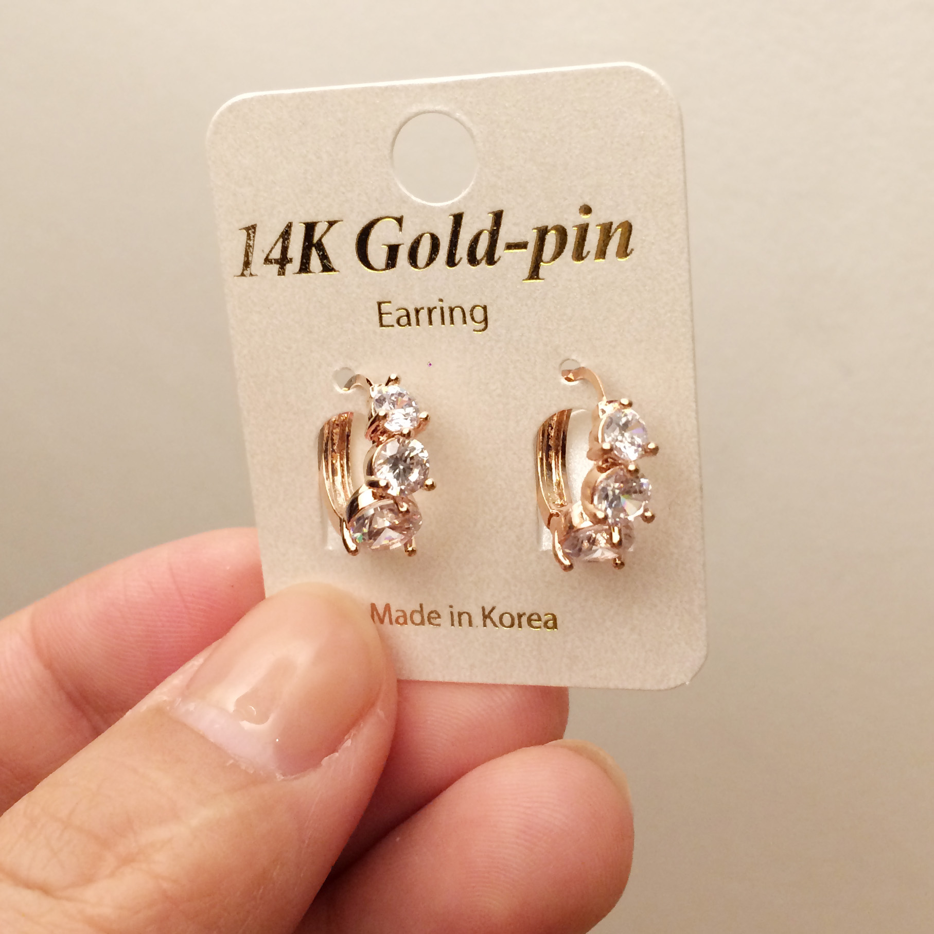 Gold pin bling 3 cubic one-touch earrings 14k 14k 