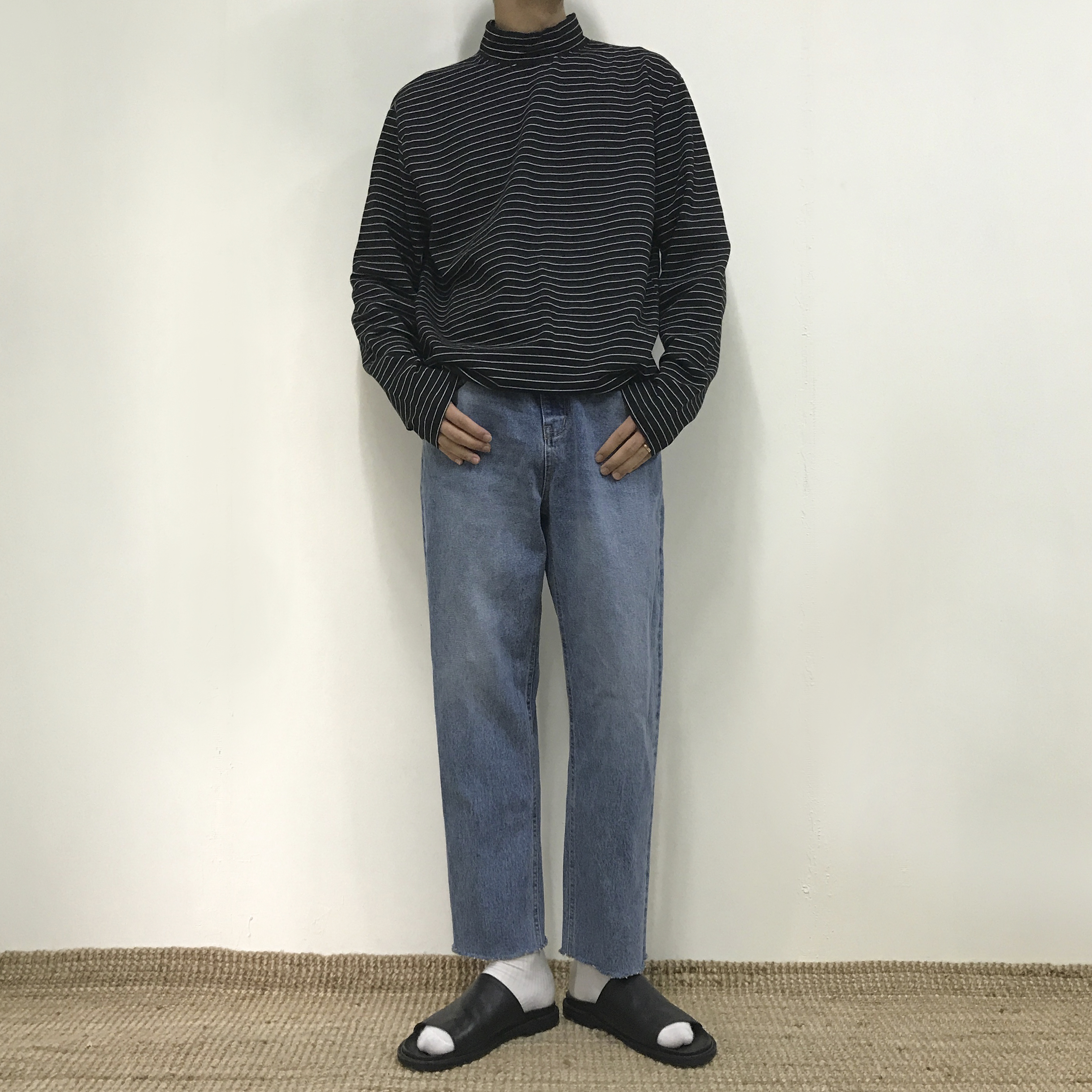 Korea Jeans Pants Crop Cutting Wide Jeans Men's