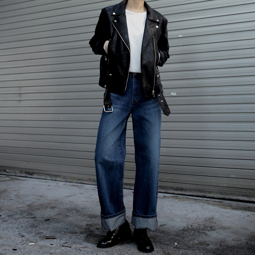 Women Jeans Pants Roll Up Wide Jeans Denim Pants H