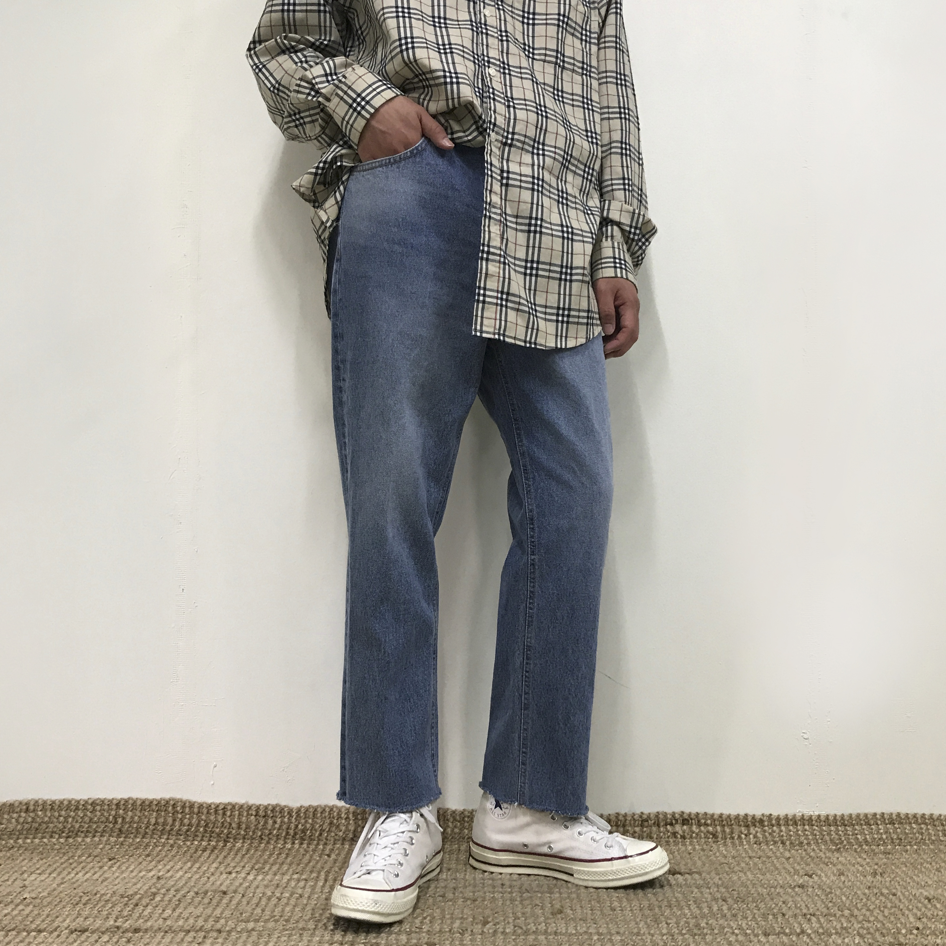 Korea Jeans Pants Crop Cutting Wide Jeans Men's
