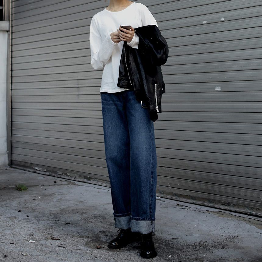 Women Jeans Pants Roll Up Wide Jeans Denim Pants H