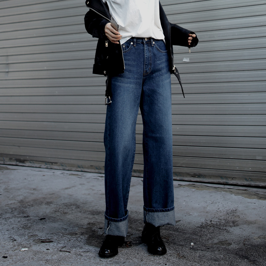 Women Jeans Pants Roll Up Wide Jeans Denim Pants H