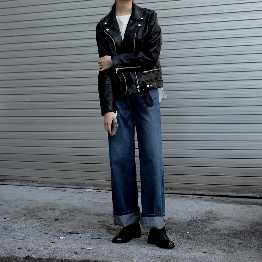 Women Jeans Pants Roll Up Wide Jeans Denim Pants H