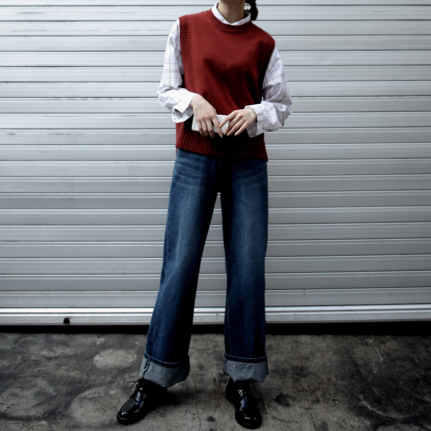 Women Jeans Pants Roll Up Wide Jeans Denim Pants H