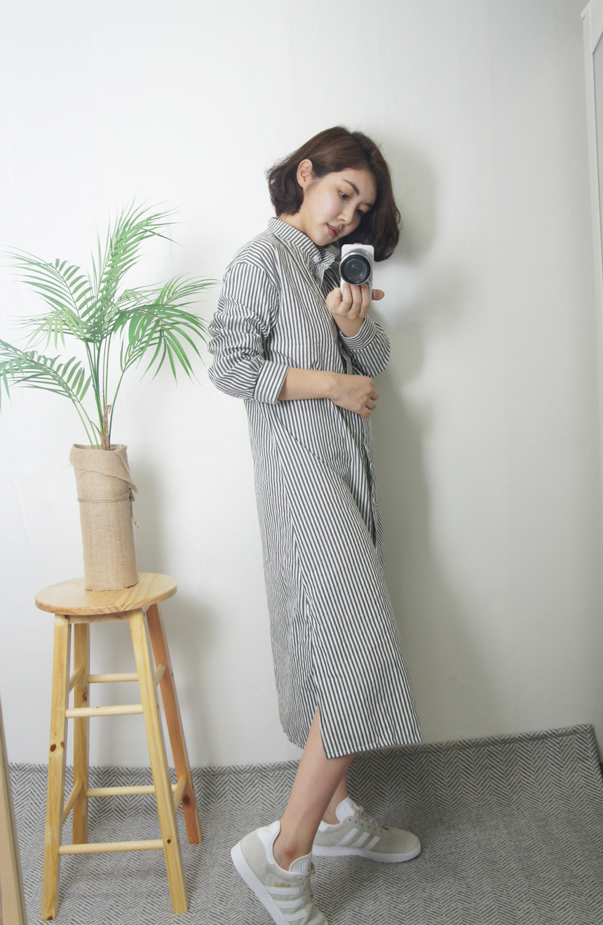New Stripe Shirt Long Dress One-Piece Waistcoat Se