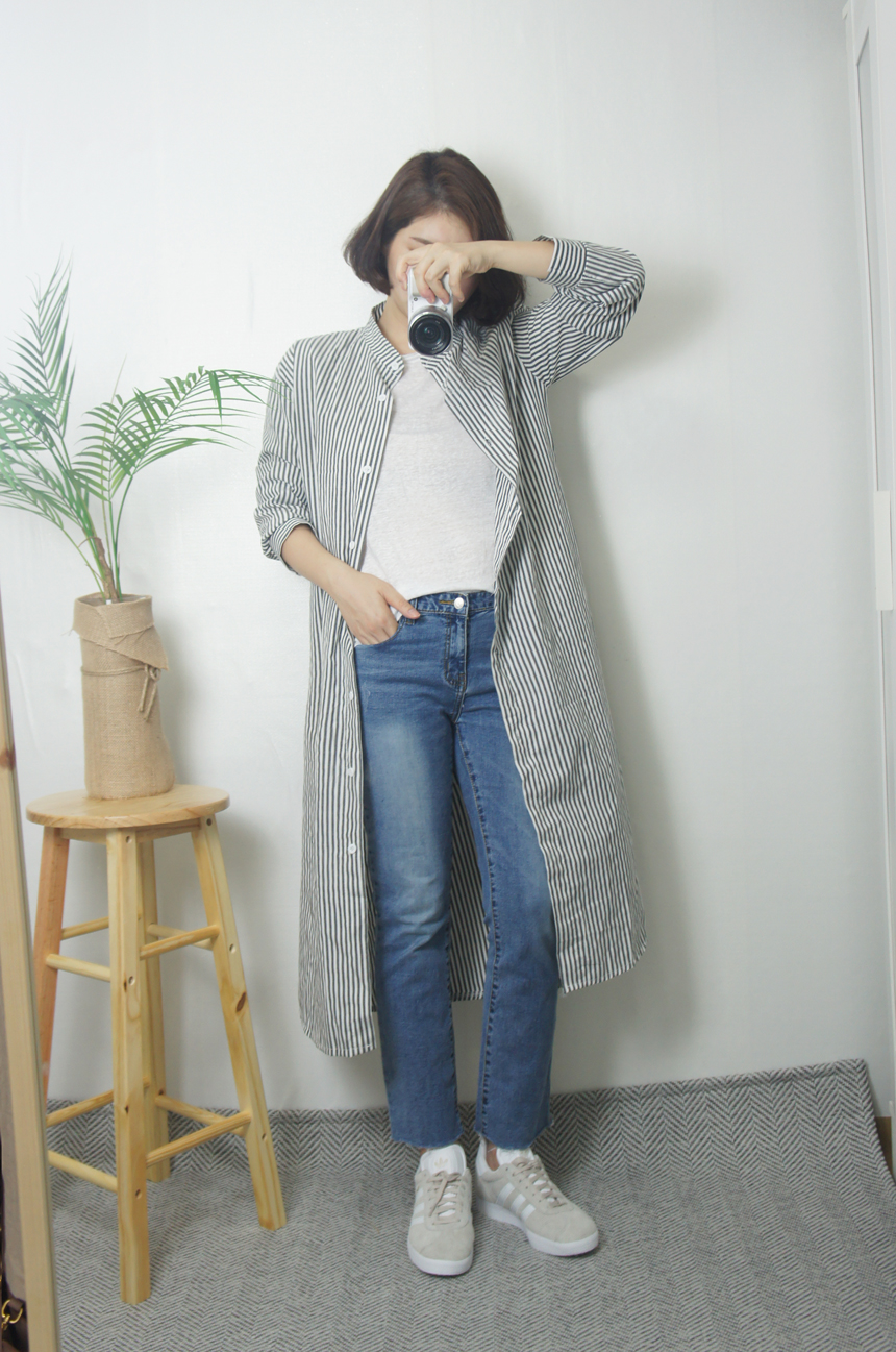 New Stripe Shirt Long Dress One-Piece Waistcoat Se