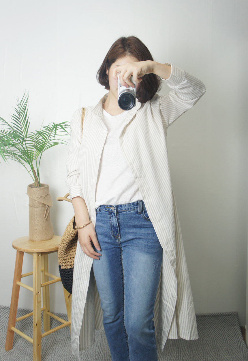 New Stripe Shirt Long Dress One-Piece Waistcoat Se