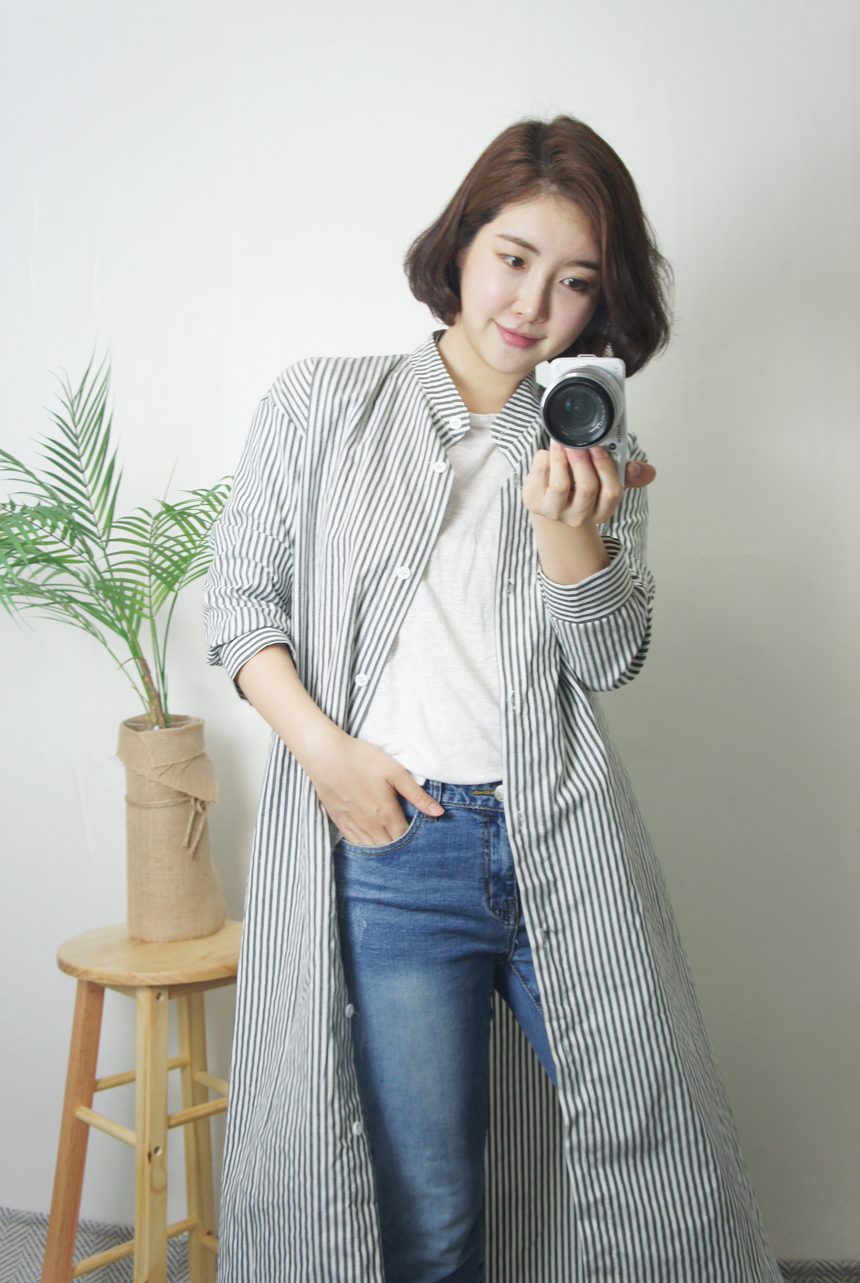 New Stripe Shirt Long Dress One-Piece Waistcoat Se