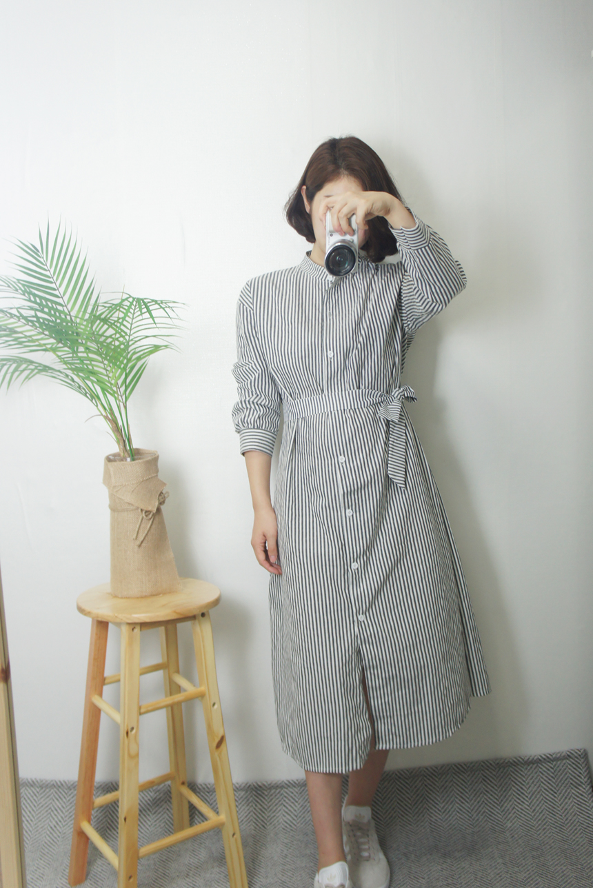 New Stripe Shirt Long Dress One-Piece Waistcoat Se