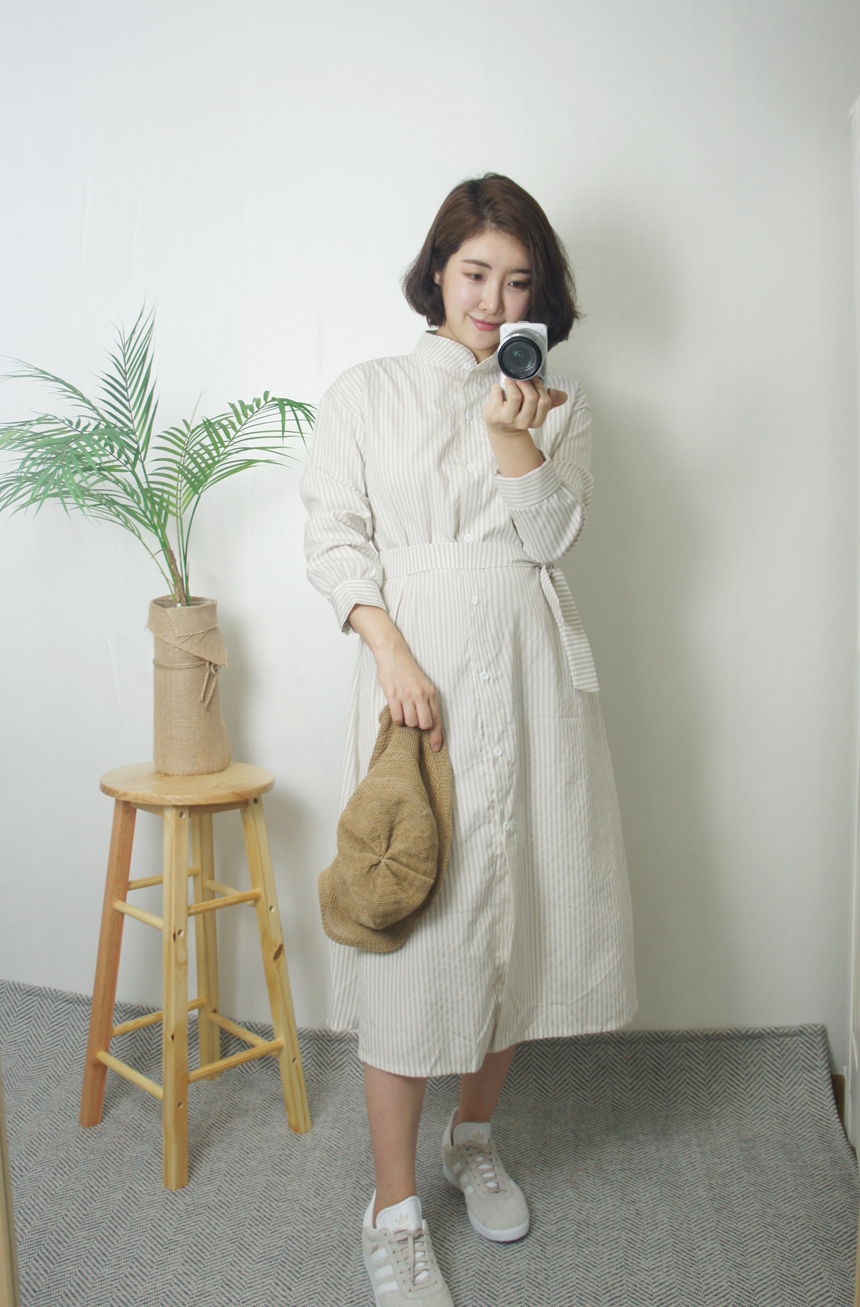 New Stripe Shirt Long Dress One-Piece Waistcoat Se