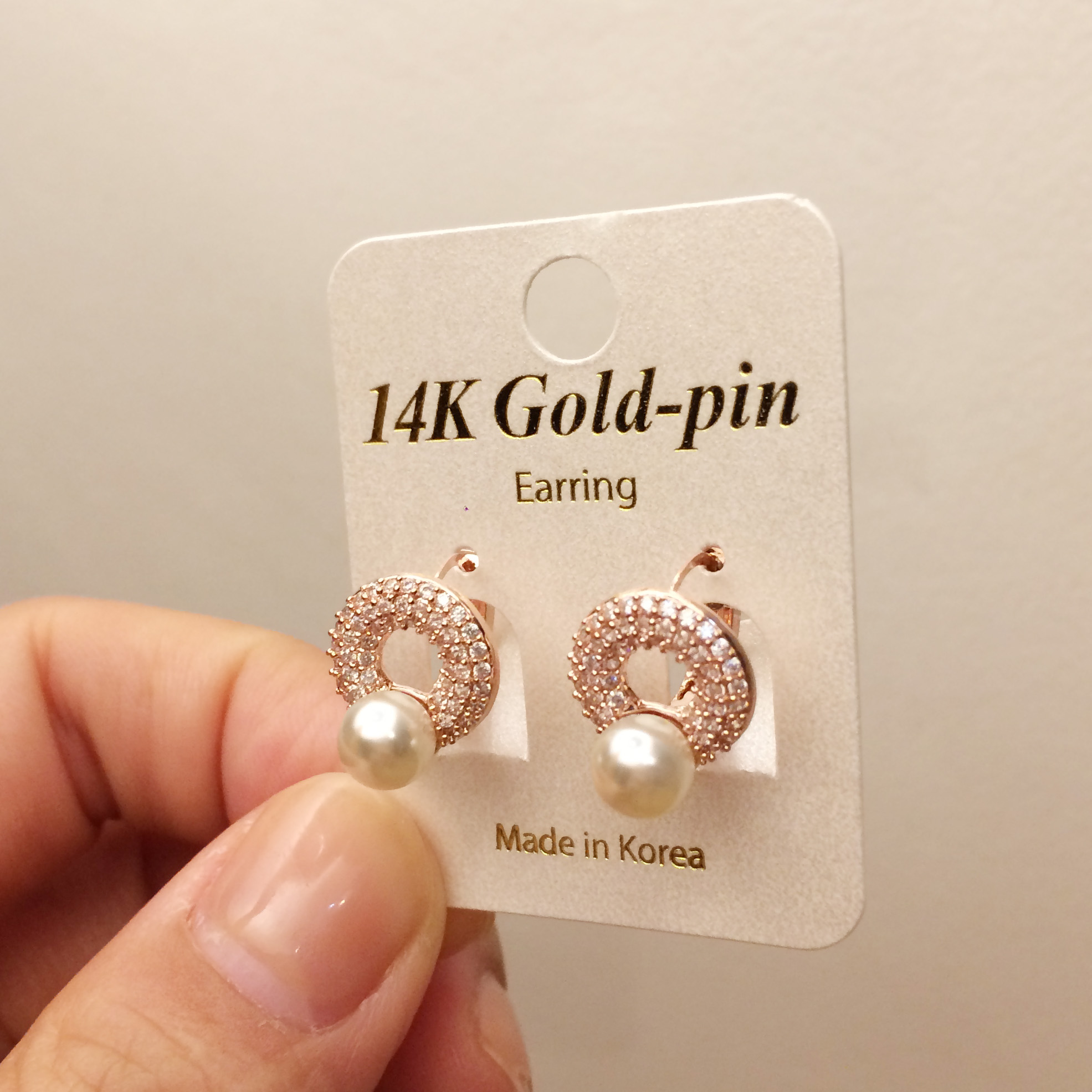 Gold Pin Circle Pearl One-Touch Earrings 14k Women