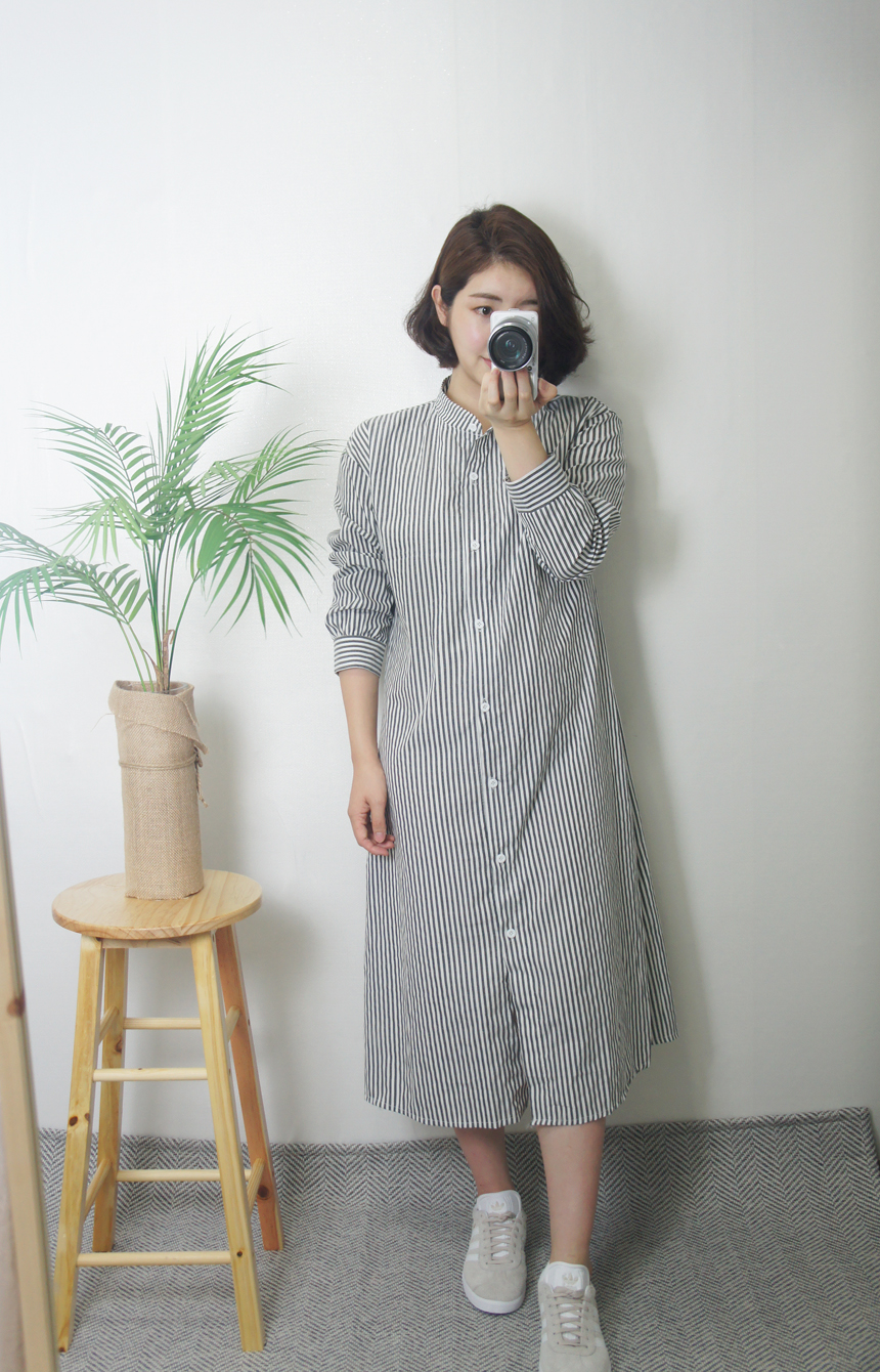 New Stripe Shirt Long Dress One-Piece Waistcoat Se