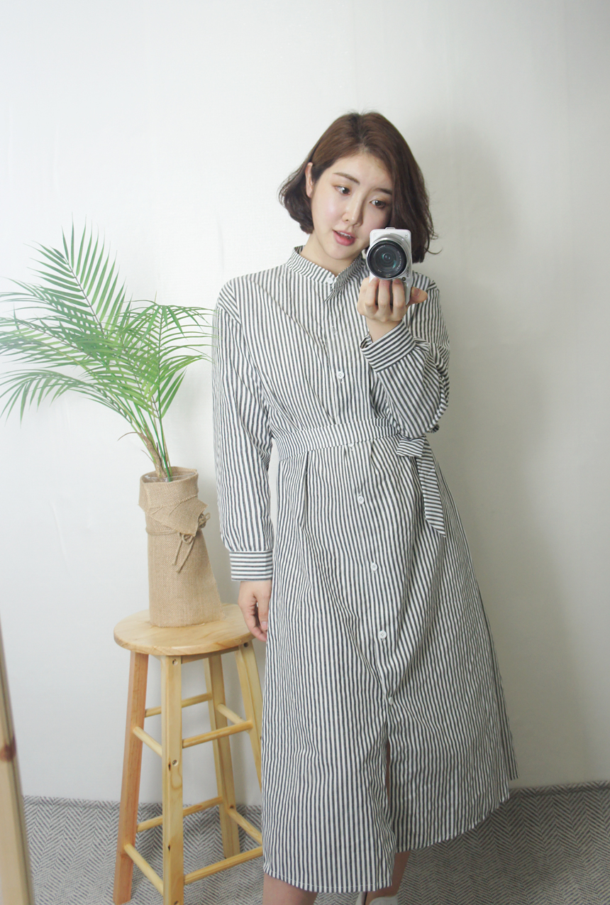 New Stripe Shirt Long Dress One-Piece Waistcoat Se