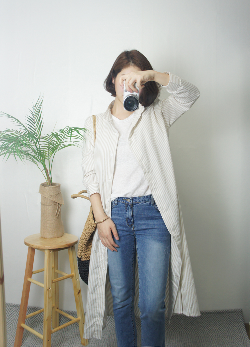 New Stripe Shirt Long Dress One-Piece Waistcoat Se