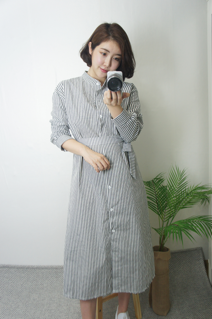 New Stripe Shirt Long Dress One-Piece Waistcoat Se