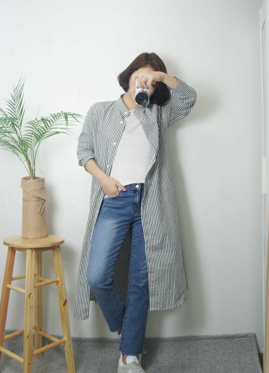 New Stripe Shirt Long Dress One-Piece Waistcoat Se