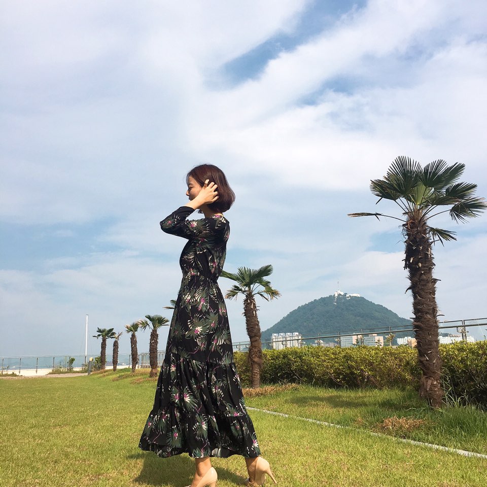 New Women Dress Shirring Flower Dress Black Wine 2