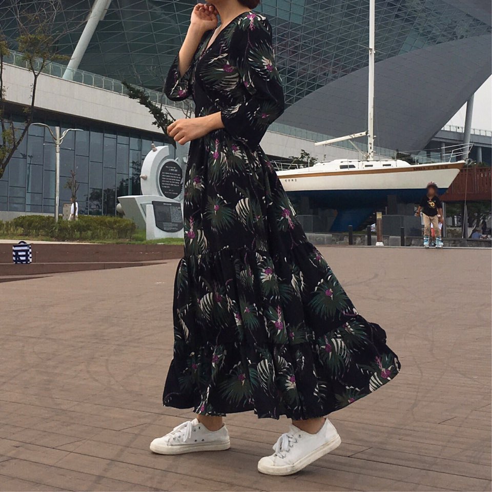 New Women Dress Shirring Flower Dress Black Wine 2