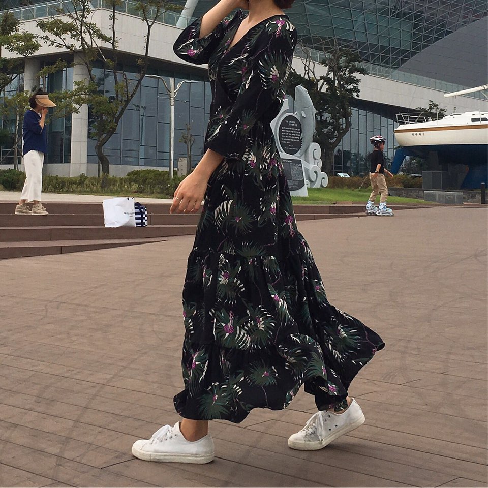 New Women Dress Shirring Flower Dress Black Wine 2