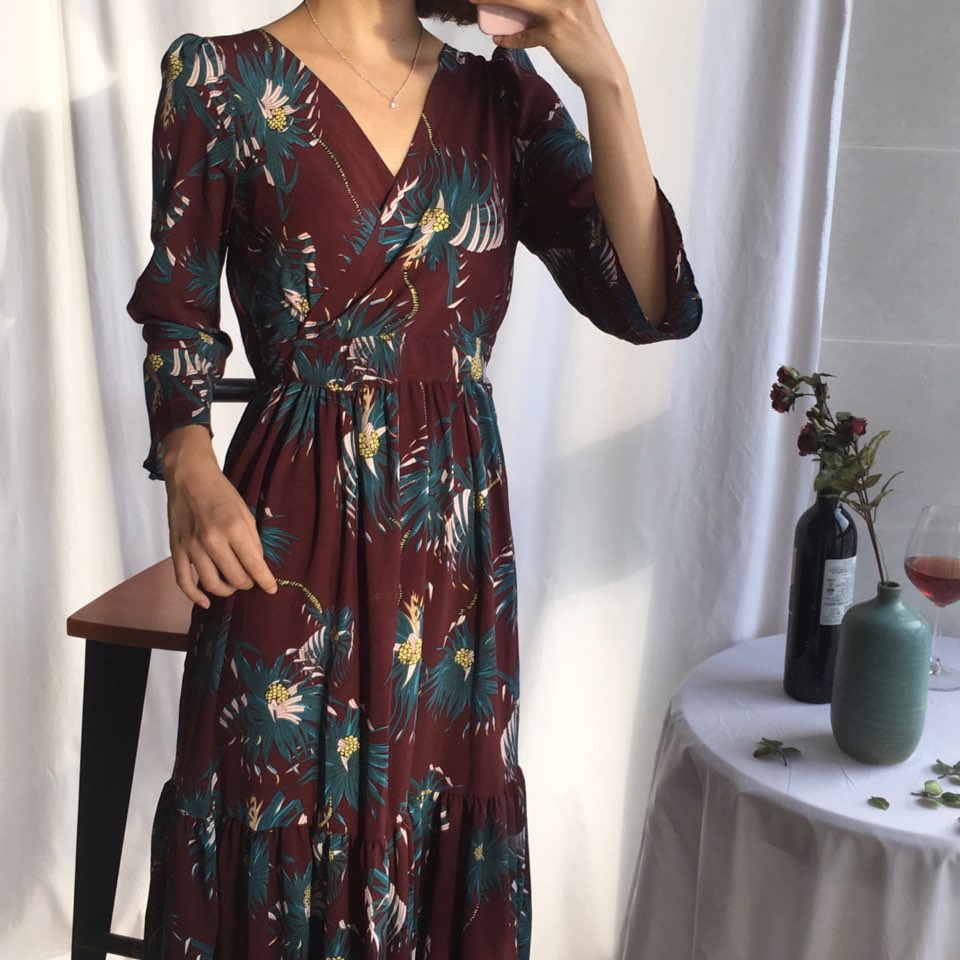 New Women Dress Shirring Flower Dress Black Wine 2