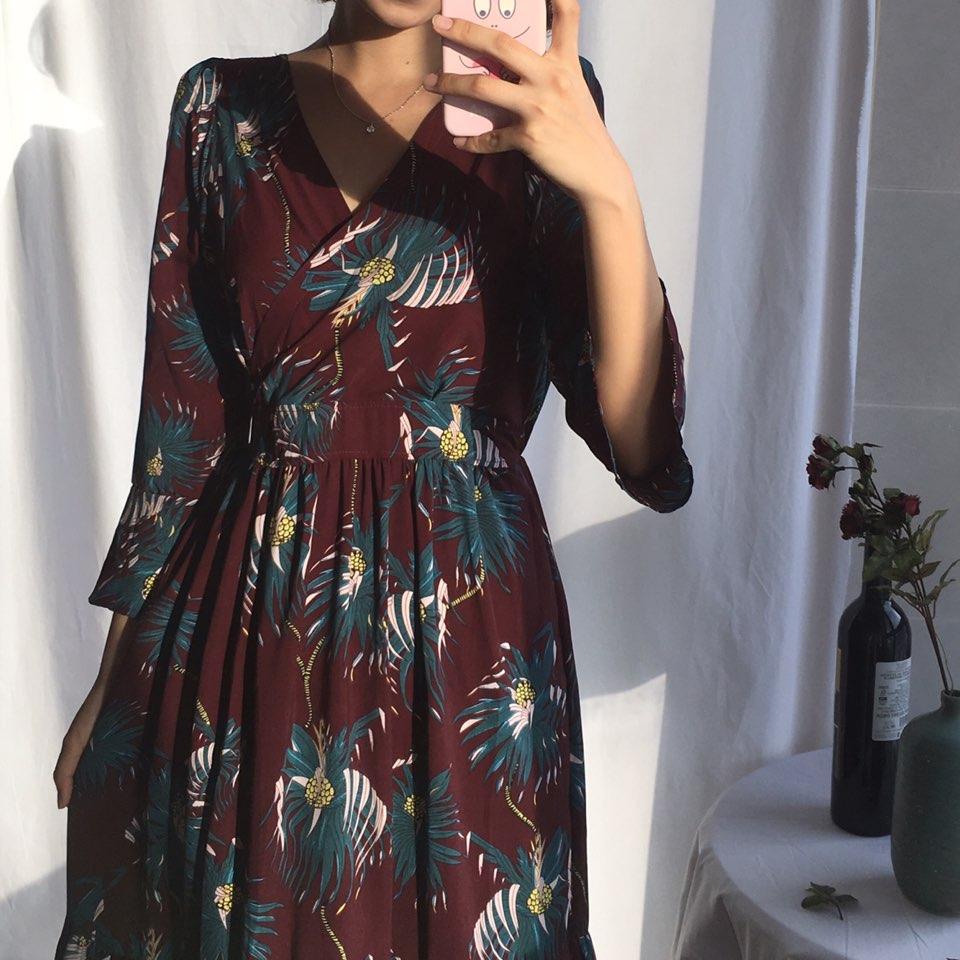 New Women Dress Shirring Flower Dress Black Wine 2