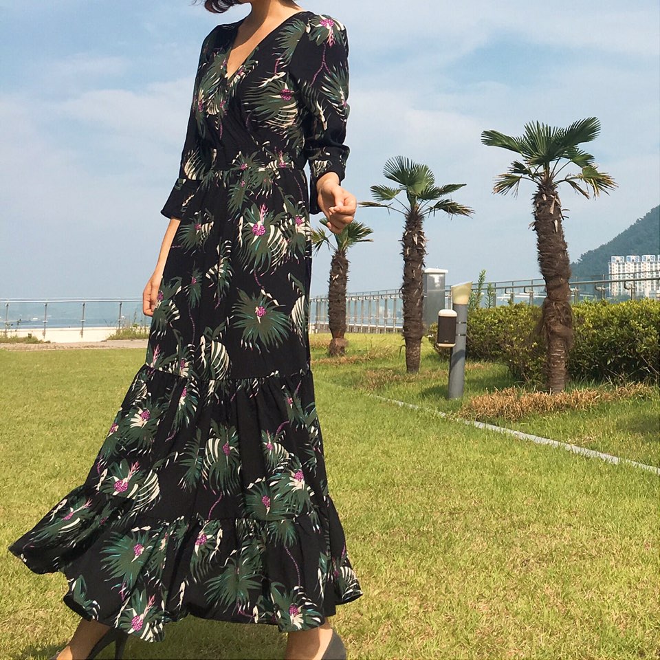 New Women Dress Shirring Flower Dress Black Wine 2